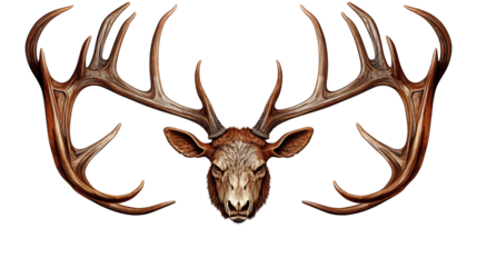 Wild reindeer horns and deer antlers, perfect for nature lovers and rustic-themed decor, isolated on transparent background.