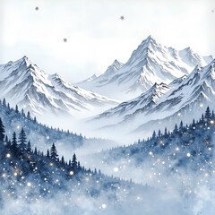 A tranquil winter landscape with majestic snow capped mountains and pine forests, digital illustration of nature concept.