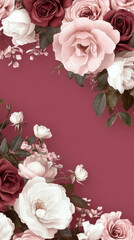 floral border design, dark pink and white roses, portrait, illustrative