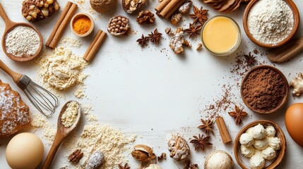 Flat lay bakery utensils and ingredient forming in white background