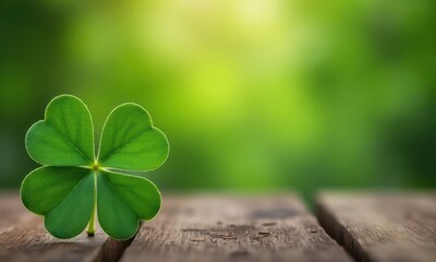 Green clover leaf with four ends lies on wooden table. Clover leaf is symbol of good luck and protection