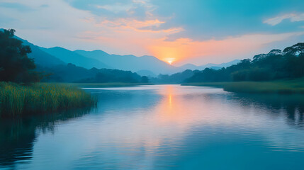 Sunset River Landscape Illustration