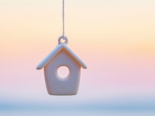 Miniature White Birdhouse Hanging Against a Pastel Sunset Sky: A Symbol of Home and Tranquility