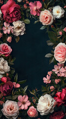 floral border design, dark pink and white roses, portrait, illustrative