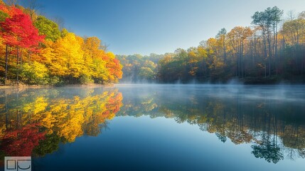 Autumn Glory Vibrant Foliage Reflected On A Misty Lake At Dawn, Serene Mountain Landscape