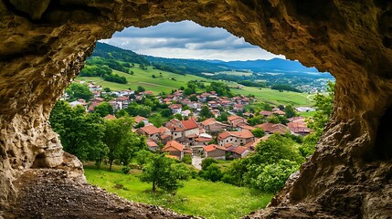 From the depths of a cavern, a scenic village unfolds outside. The vibrant green surroundings and...