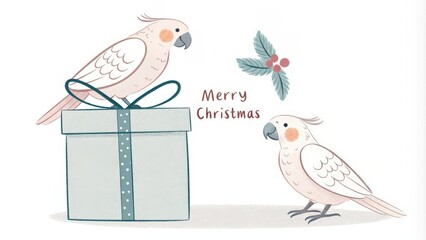 Obraz premium cute cartoon parrot with gift box merry christmas background