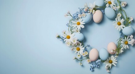 Pastel Easter eggs wreath with daisies and blue flowers on blue background. Horizontal banner for spring decor, holiday celebrations, retail display, seasonal home styling,  space text