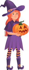 Halloween witch with cartoon pumpkin. Cute magic character