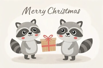 Obraz premium cute cartoon raccoon with gift box merry christmas background