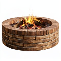 Circular brick fire pit with intense flames and charred wood pieces inside, isolated on white