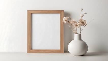 Vertical wooden frame mock up. Wooden frame poster, and simple vase with pampas on beige wall. 3D render, 3D illustrations.