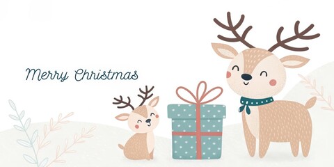 Fototapeta premium cute cartoon reindeer with gift box merry christmas background