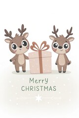 Fototapeta premium cute cartoon reindeer with gift box merry christmas background