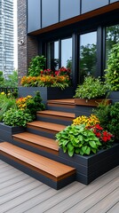 Fototapeta premium Eco cityscape eco friendly concept, A vibrant garden with colorful flowers adorns wooden steps, leading to a modern entrance, surrounded by greenery and urban architecture.