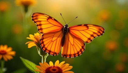 Obraz premium Majestic bright orange monarch butterfly spreading its wings with warm lighting against vibrant flowers 