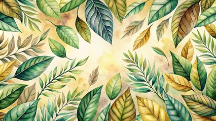 Vibrant Watercolor Foliage Design Featuring an Array of Lush Green and Golden Leaves, Ideal for Seasonal Decor and Botanical-Themed Projects