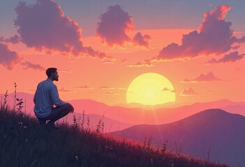 Obraz premium Kneeling figure on hilltop under glowing sunset sky 