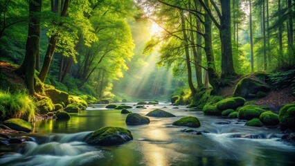 Serene Sunlight Illuminates Mossy Rocks and a Gentle Stream Flowing Through a Lush Green Forest