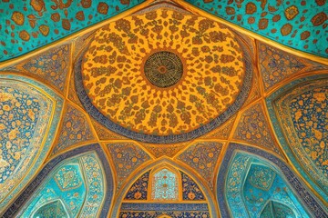 Fototapeta premium Stunning Architectural Ceiling with Intricate Patterns and Vivid Colors in Historical Building, Showcasing Persian Artistry and Elegant Design Elements