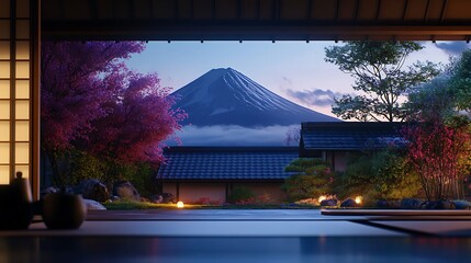 Looking out of a window at night, the high-definition view reveals a stunning mountain illuminated by moonlight.