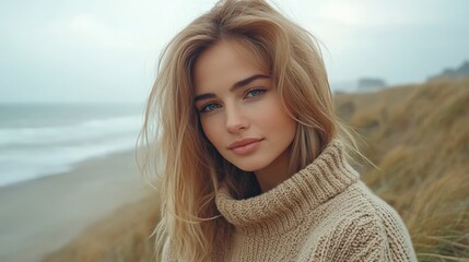 Fototapeta premium Serene Woman by the Coastal Dunes