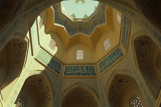 Majestic Interior View of an Ancient Persian Dome Showcasing Intricate Islamic Calligraphy and Architectural Details in Bright Natural Light