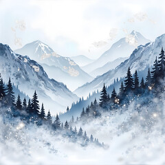A tranquil winter landscape with majestic mountains and snow covered pine forests, digital painting of landscape concept.