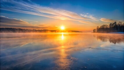 Obraz premium Serene sunrise over a tranquil lake with a misty shoreline and partially frozen water reflecting the golden light