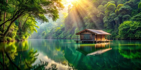 Fototapeta premium Serene Lakeside Cabin Bathed in Golden Sunlight, Reflected in Tranquil Waters Surrounded by Lush Green Foliage
