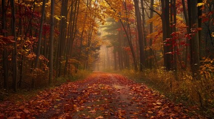 A serene forest in autumn, filled with vibrant red, orange, and yellow leaves. Golden sunlight filters through the canopy, while a carpet of fallen leaves covers the ground, creating a peaceful retrea