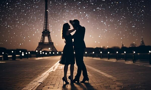 Couple dancing at night in Paris.
