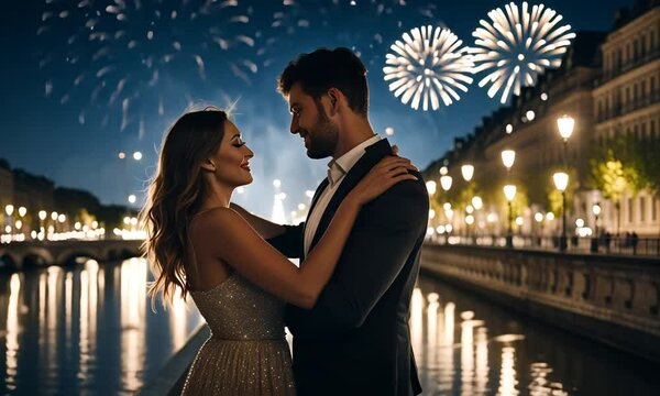 Couple dancing at night in Paris.