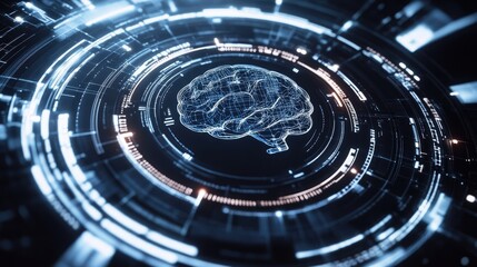 Abstract digital brain visualization.  A wireframe brain model is centrally displayed within a glowing, technological interface.  Cool blue and orange hues dominate the image.