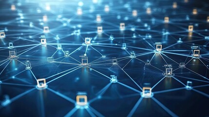 Abstract illustration of a network connection, showcasing a complex web of interconnected nodes representing data flow and global communication.