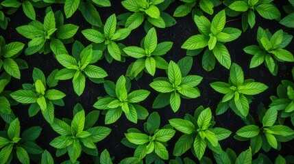Environmental consideration concept, A close-up view of vibrant green leaves arranged symmetrically on a dark background, showcasing their texture and natural beauty.