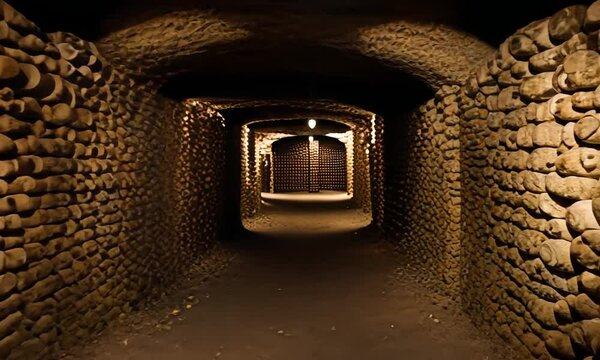 Skulls in the catacombs of Paris.