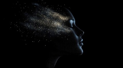 A woman's profile is illuminated by a burst of stardust, creating a dreamy and ethereal effect. The dark background emphasizes the radiant light.