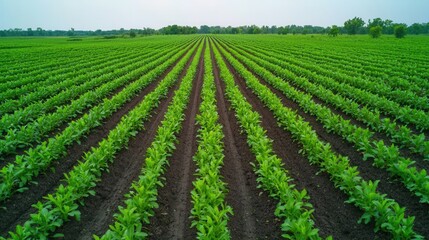 Environmental consideration concept, A lush green field with neatly arranged rows of crops stretching into the distance under a clear sky.