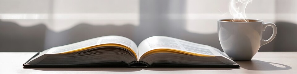 Steamy coffee cup beside open book in sunny room.