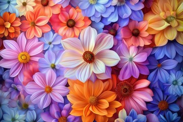 Colorful floral arrangement closeup displays vibrant dahlias, blossoms. Vivid hues of pinks purples oranges, blues create dynamic mix. Detailed flower textures, intricate patterns form mesmerizing