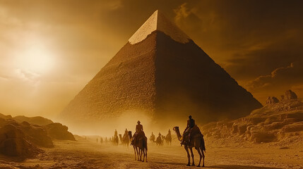 Majestic Pyramid at Sunset: A Caravan's Journey