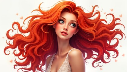 Woman with vibrant red wavy hair. Beautiful curly hair style. Studio shot highlights the texture and volume of the hair. Elegant and luxurious look. Detailed artistic illustration.