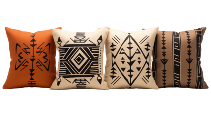 A set of colorful southwestern print pillows that bring a cozy and artistic touch to any living space. Perfect for adding character to your home, isolated on transparent background.