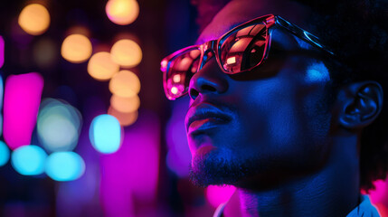 Stylish man in sunglasses with vibrant nightclub lighting