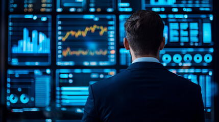 Businessman analyzing data on multiple screens in a professional setting