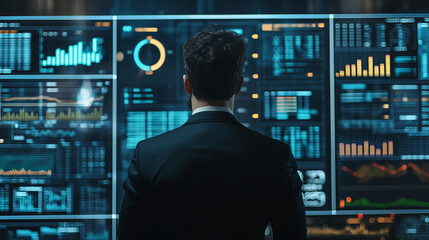 Businessman analyzing data on large digital screens in office