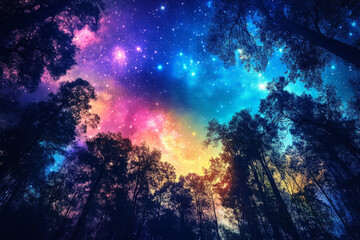 Fototapeta premium Colorful nebula illuminating magical forest at night. Surreal landscape with trees silhouettes under starry sky