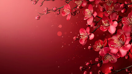 Obraz premium Red cherry blossoms on a vibrant background with copy space
