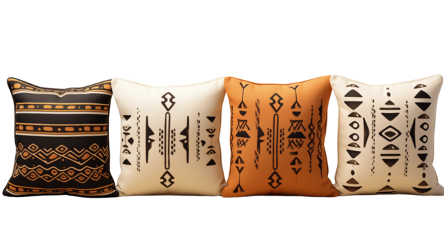 A set of southwestern print pillows, designed to add warmth and artistic flair to your space. Ideal for adding comfort and style to any room, isolated on transparent background.